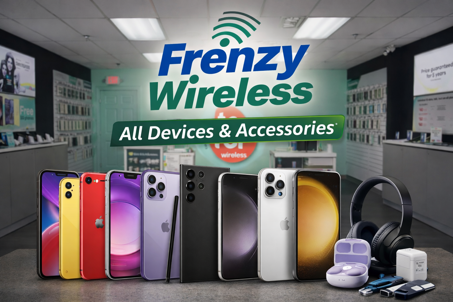 Selection of smartphones and accessories available at Frenzy Wireless in North Lauderdale, Florida
